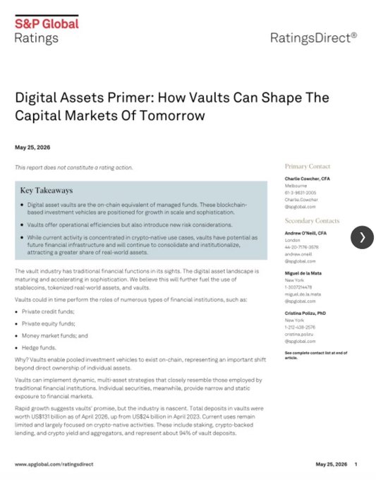 S&P Global Ratings cover page from May 25, 2026, for a report titled "Digital Assets Primer: How Vaults Can Shape The Capital Markets Of Tomorrow," highlighting key takeaways on DeFi vaults as blockchain-based investment vehicles equivalent to managed funds, with deposits in vaults reaching approximately US$13 billion as of April 2026 and potentially over US$24 billion by April 2023 (likely a typo for future projection).