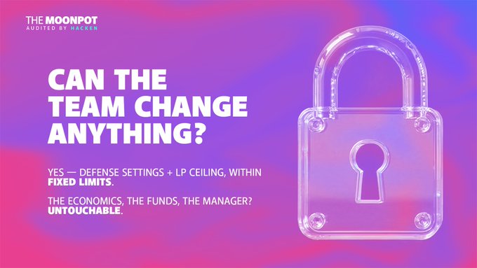 An informational slide for THE MOONPOT asking 'CAN THE TEAM CHANGE ANYTHING?' explaining that defense settings and LP ceiling can be modified within fixed limits.