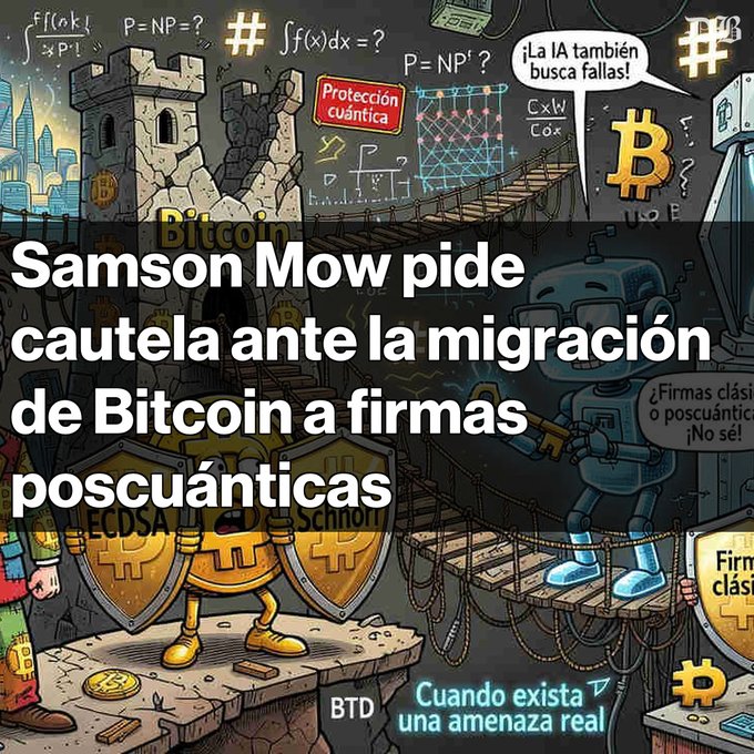 An illustrated graphic about Bitcoin with the headline 'Samson Mow pide cautela ante la migración de Bitcoin a firmas poscuánticas' (Samson Mow urges caution over the migration of Bitcoin to post-quantum signatures), showing a Bitcoin character and a robot discussing quantum protection.