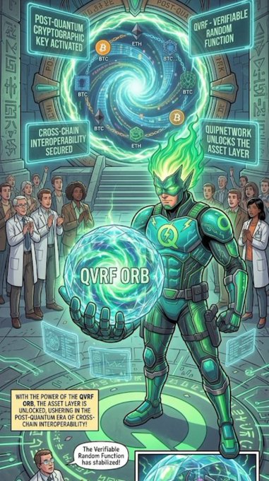 A comic-book style illustration of a green armored superhero holding a glowing orb labeled 'QVRFORB', surrounded by text boxes reading 'POST-QUANTUM CRYPTOGRAPHIC KEY ACTIVATED', 'QVRF - VERIFIABLE RANDOM FUNCTION', 'CROSS-CHAIN INTEROPERABILITY SECURED', and 'QUIPNETWORK UNLOCKS THE ASSET LAYER'.