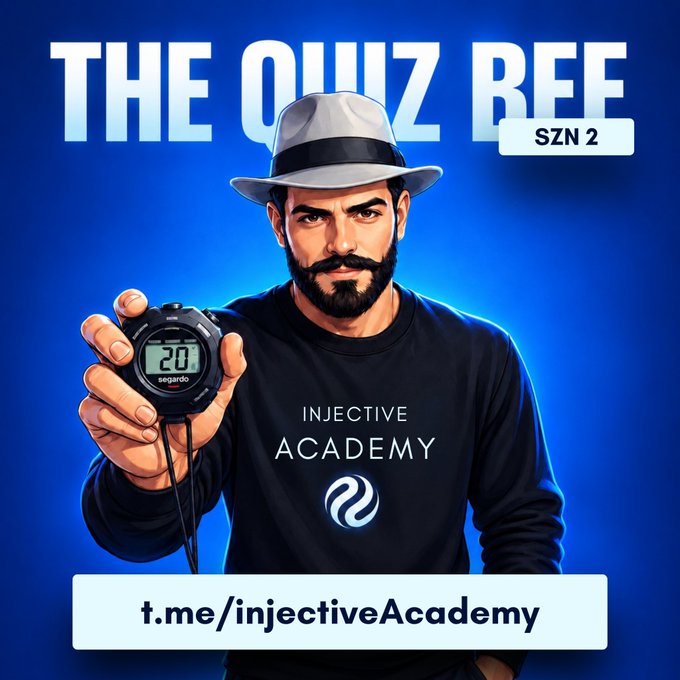Promotional graphic titled 'THE QUIZ BEE SZN 2' featuring a bearded man in a fedora holding a stopwatch showing '20', wearing a sweatshirt with 'INJECTIVE ACADEMY' and a link 't.me/injectiveAcademy'.