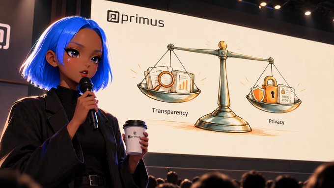 A stylized image of a blue-haired anime-style character holding a microphone and a Primus coffee cup, presenting on a stage with a screen showing a scale balancing Transparency and Privacy.