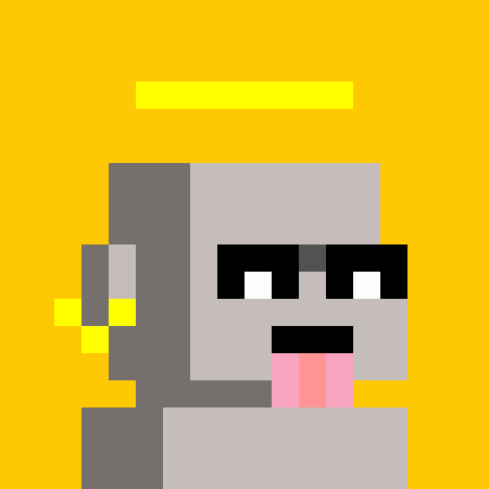 A pixel art character with a grey face, black eyes, pink tongue sticking out, and a yellow halo on a bright yellow background.
