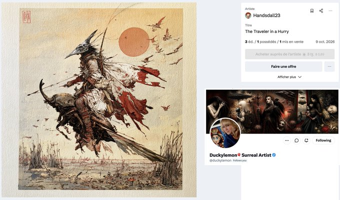 An artwork of a mounted warrior and birds appears beside social-media posts; visible names include “Handsdai123,” “The Traveler in a Hurry,” and “Duckylemon Surreal Artist.”