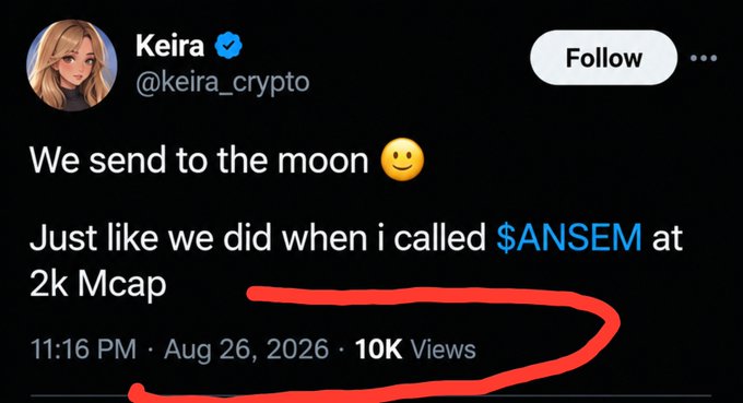 A tweet from Keira (@keira_crypto) saying 'We send to the moon' and referencing $ANSEM at 2k Mcap, with '10K Views' circled in red.