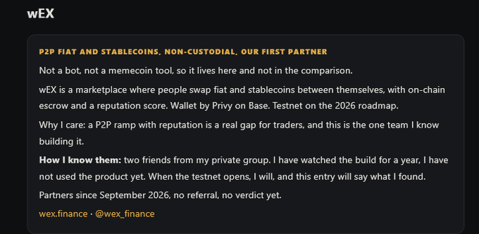 A dark-themed text post about "wEX" describes a P2P fiat and stablecoin marketplace, noting "P2P FIAT AND STABLECOINS. NON-CUSTODIAL. OUR FIRST PARTNER," and details their wallet on Base with testnet planned for 2026, signed by "wex.finance - @wex_finance".