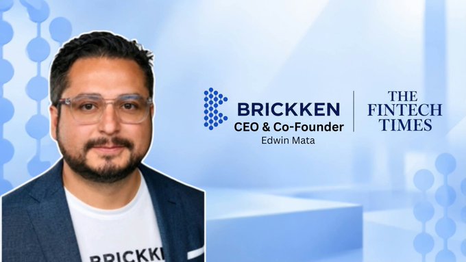 The image features a promotional graphic with a headshot of Ed Mata, CEO & Co-Founder of Brickken, alongside the Brickken and The Fintech Times logos, supporting the post's coverage of his interview discussing the challenges MiCA regulations pose for smaller crypto companies.