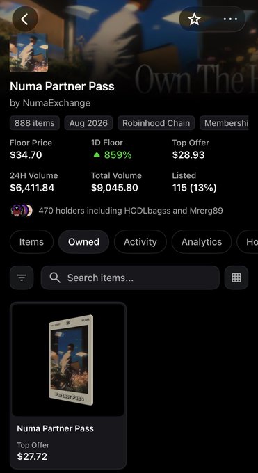 A screenshot of a digital collectibles marketplace shows the 'Numa Partner Pass' by NumaExchange on the Robinhood Chain, with a floor price of $34.70 and 470 holders.