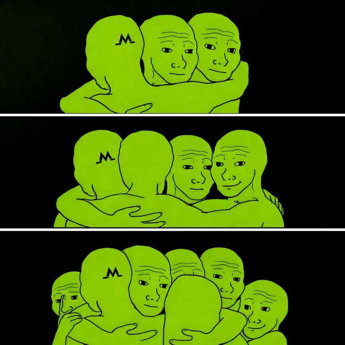 The image features a series of cartoon drawings depicting people embracing each other, all rendered in green color. The drawings are arranged vertically, with three rows representing different moments or stages of the hugs. Each row has two people hugging against a black background, creating a sense of unity and togetherness. The caption at the bottom of the image reads "MGBX hits different with friends. Invite them now and both of you can earn rewards." This suggests that the drawings are related to a social media platform or an online community where users can share their experiences and connect with others who have similar interests.