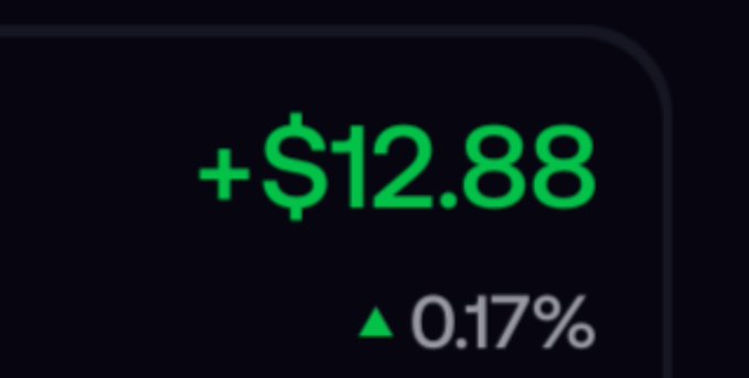 A close-up of a digital display showing a green positive gain of '+$12.88' and '▲ 0.17%' on a dark background.