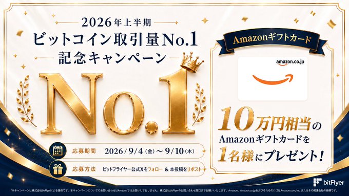 This promotional image announces a bitFlyer campaign celebrating their No.1 ranking in domestic Bitcoin trading volume for the first half of 2026, featuring a grand gold "No.1" emblem and offering one winner an Amazon gift card worth 10万円 (100,000 yen), with applications open from September 4-10, 2026 via posts to the bitFlyer official X (formerly Twitter) account.