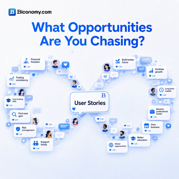A Biconomy.com infographic titled "What Opportunities Are You Chasing?" displays a central "User Stories" chat bubble surrounded by various community goals including Financial freedom (1.2K), Build better future (1.4K), Portfolio growth (1.2K), Long-term wealth (1.6K), Become professional trader (1.7K), Own business (1.3K), Better education (1.2K), Global opportunities (1.5K), Support family (1.2K), Risk management (1.1K), Find next gem (873), Learn trading skills (1.5K), and Trading consistency (982), with engagement counts like 224, 542, and 1.1K scattered throughout. The image visually reinforces the post's message about diverse crypto community aspirations by showcasing the wide range of personal goals users are pursuing.