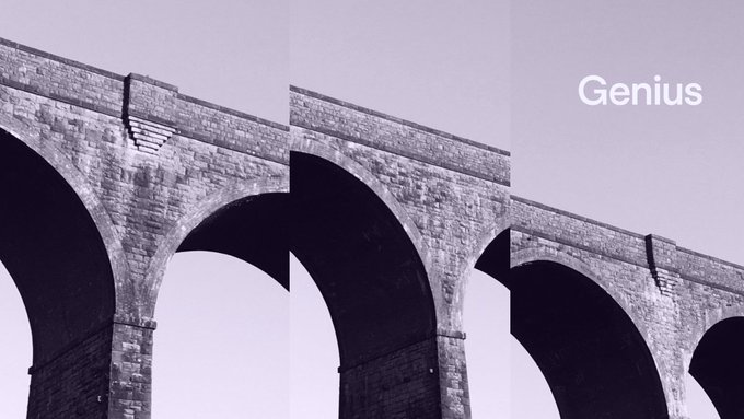A stone viaduct with multiple arches appears fractured into three pieces, with the word "Genius" displayed in the upper right corner. The visual metaphor of a broken bridge reinforces the post's warning about losing trades due to trading bridges.