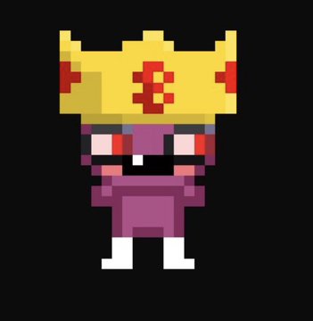 A pixel art character wearing a yellow crown with red jewels and a purple robe against a black background.