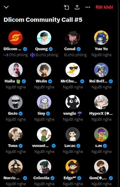 A mobile screenshot titled 'Diicom Community Call #5' shows a grid of user avatars with names like Dicom, Quang, Conal, and Yuyu, displaying Vietnamese status labels such as 'Chủ phòng' (Host) and 'Người nghe' (Listener).