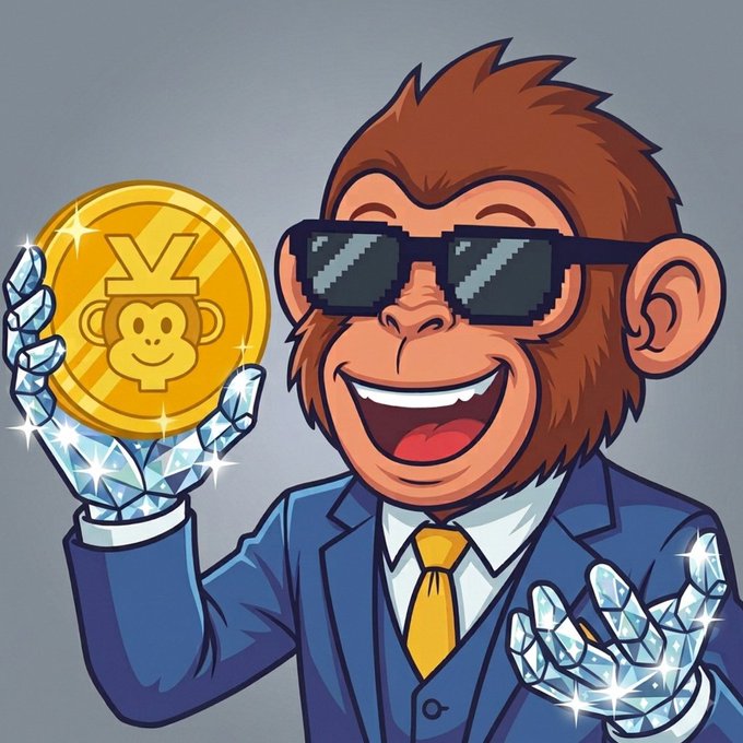 A cartoon monkey in a blue suit and "deal with it" pixel sunglasses holds up a gold coin featuring a smaller monkey face and a yen (¥) symbol, its hands sparkling with diamond-like facets. The image playfully illustrates the post's theme of "diamond hands" crypto enthusiasts, with the dazzling diamond-effect hands symbolizing the meme's iconic "OG diamond hands" holders wondering about their future.