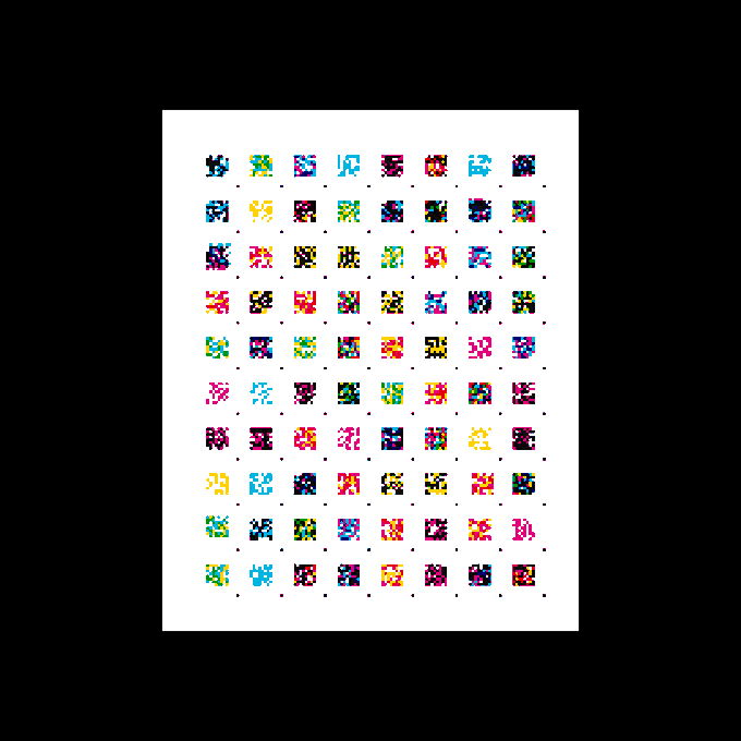 A grid display of numerous small, colorful pixel-art icons or digital collectibles arranged in rows on a white background.