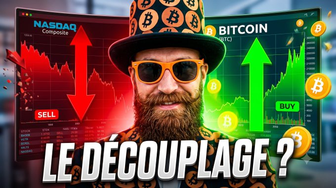 A YouTube-style thumbnail featuring a bearded man in a Bitcoin-patterned top hat and orange sunglasses, with NASDAQ and Bitcoin charts in the background and French text 'LE DÉCOUPLAGE ?' asking about decoupling.
