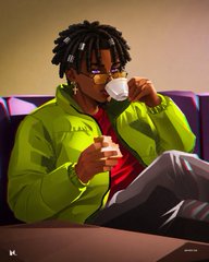 A digital illustration of a young man with dreadlocks sitting on a couch, wearing a green hoodie and round sunglasses, drinking from a small cup.