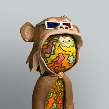 A 3D-rendered cartoon monkey wearing 3D glasses with its mouth open, revealing a colorful brain-like texture inside, set against a plain gray background.