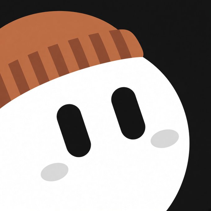 A cartoon illustration of a cute white character with a brown cap-like top and simple black oval eyes on a black background.