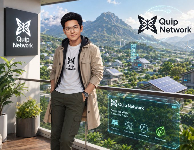 A promotional image showing a young man wearing a 'Quip Network' branded shirt and beige jacket, standing on a balcony overlooking a futuristic village with smart homes and solar panels, alongside the Quip Network butterfly logo.