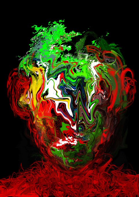 A stylized digital portrait of a face rendered in chaotic, swirling strokes of red, green, yellow, white, and blue against a solid black background.
