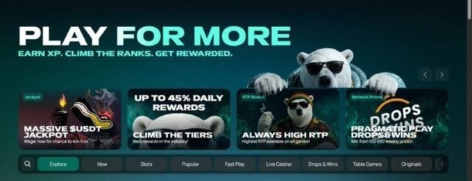 A promotional banner reading 'PLAY FOR MORE' with the subtitle 'EARN XP, CLIMB THE RANKS, GET REWARDED', featuring a polar bear character and various promotional cards including 'MASSIVE JACKPOT' and 'UP TO 45% DAILY REWARDS'.