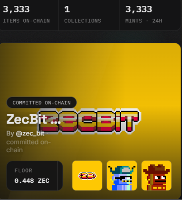 A yellow NFT marketplace screen displays stats '3,333 ITEMS ON-CHAIN', '1 COLLECTIONS', '3,333 MINTS - 24H' and a pixel-art logo for 'ZecBit' committed on-chain.