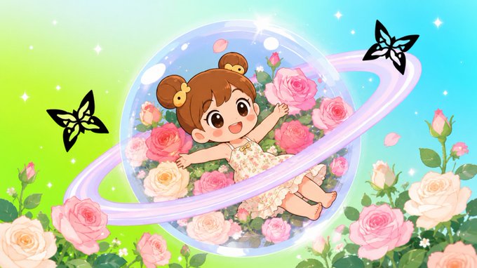 The image features a cartoon girl with brown hair, wearing a white dress, sitting inside a glass bubble filled with pink roses. She has her arms outstretched as if she's floating or flying through space. The background of the image is blue, green, and purple, creating a whimsical atmosphere. There are two butterflies in the scene, one on each side of the girl, adding to the magical ambiance. The post includes text that reads "Quantum Echoes 刚出来的时候，我身边几个人的第一反应都是，这个理解太简单了", which suggests that the image is related to a post about Quantum Echoes, possibly featuring the girl and butterflies as part of its content.