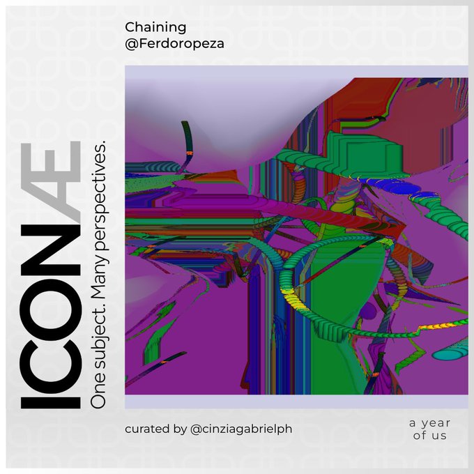 A promotional graphic for an art exhibit titled 'ICONAE: One subject. Many perspectives,' featuring an abstract colorful artwork labeled 'Chaining @Ferdoropeza,' curated by @cinziagabrielph under 'a year of us.'
