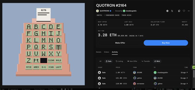 An OpenSea NFT marketplace listing for 'QUOTRON #2164' showing a pixel art Quotron keyboard NFT priced at 3.28 ETH, with collection floor of 3.17 ETH and rarity #2,062.