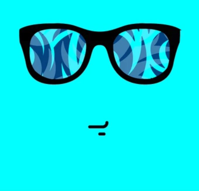 A minimalist digital illustration featuring black sunglasses reflecting blue tropical leaves above a simple line-drawing mouth on a bright turquoise background.