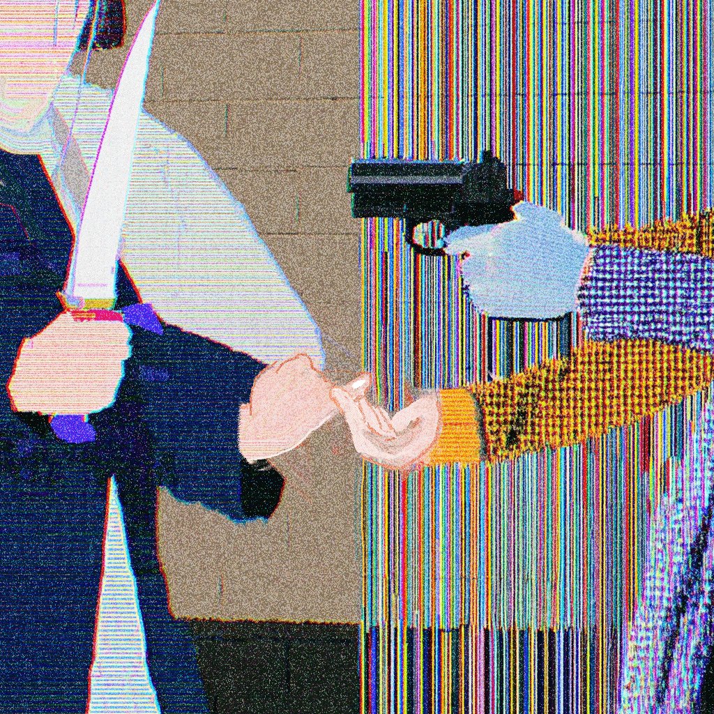The image features a man holding a knife, with another person holding a gun over his head. The background of the image has a striped pattern that appears to be made up of multiple lines or stripes of different colors. The caption for this image reads "Pinky Promise 5 editions on @TransientLabs transient.xyz/mint/pinky-pro".