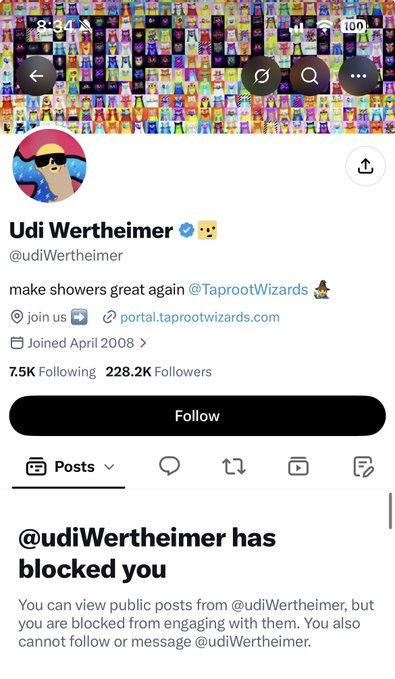 A screenshot of a Twitter/X profile for 'Udi Wertheimer' (@udiWertheimer) with the bio 'make showers great again @TaprootWizards', showing the account has blocked the viewer.
