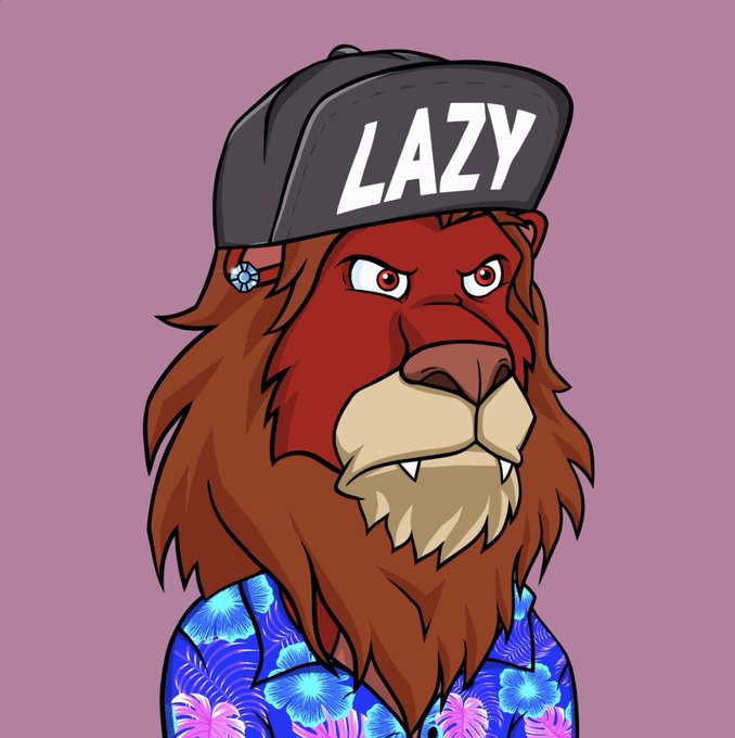 A cartoon lion character wearing a black cap labeled "LAZY" and a blue floral Hawaiian shirt glares intensely, serving as the mascot for the Lazy Lions NFT collection referenced in the post.