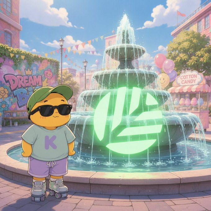 A cartoon character wearing a "K" shirt, green cap, and sunglasses stands on roller skates in a colorful plaza featuring a fountain with a glowing green logo, a "DREAM" mural, and a "COTTON CANDY" stand. The imagery loosely echoes the post's theme of Canopy's $8.5M raise and simplifying developer decisions, with the radiating logo in the fountain subtly suggesting a beacon that cuts through noise—even though the picture itself doesn't directly reference canopies or technical infrastructure.