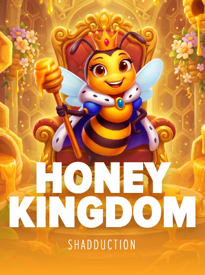 A promotional graphic for 'HONEY KINGDOM' by 'SHADDUCTION', featuring a cartoon queen bee wearing a crown, royal cape, and holding a scepter, set against a golden honeycomb background.
