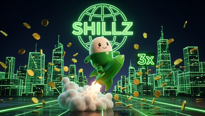 A 3D cartoon character riding a green rocket launches past gold coins in a neon city, with the text 'SHILLZ' and '3X' displayed prominently.