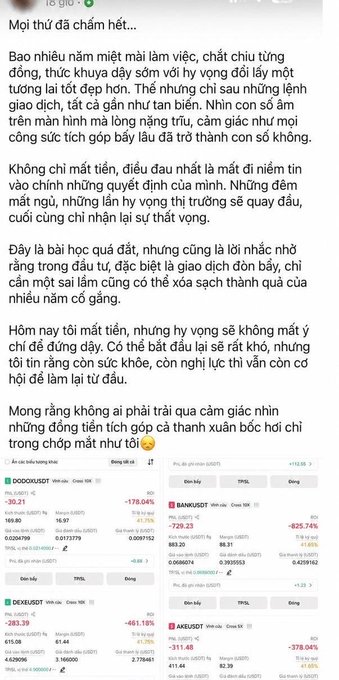 A screenshot of a social media post features a person's emotional reflection on losing their savings in crypto investments, showing red losses for tickers like $DODO, $BANK, $DEXE, and $AKE. The user's text laments years of hard work resulting in nothing but regret due to the significant market downturn shown in the trading screenshots.