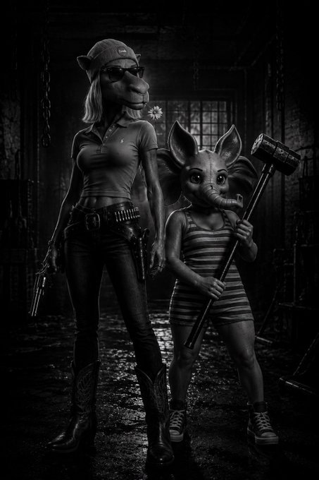 A stylized black-and-white image of an anthropomorphic female horse wearing sunglasses and holding a gun, standing next to an anthropomorphic elephant-like creature with a hammer.