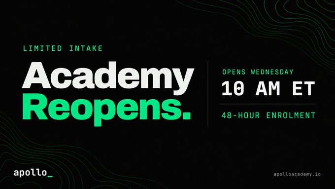 A promotional graphic for Apollo Academy's limited re-enrollment, featuring bold text announcing "Academy Reopens" with details that it opens Wednesday at 10 AM ET for 48-hour enrollment. The dark design with green accents reinforces the trading education theme, supporting the post's message about the academy reopening for a small intake of students.
