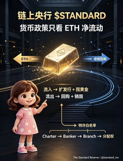 An infographic titled '链上央行 $STANDARD' in Chinese with English text explains monetary policy based on ETH net flow, featuring a cartoon girl in a pink dress pointing at a gold Ethereum ingot, with arrows showing inflow (expansion + buyback gold) and outflow (buyback + burn), and a hierarchy from Charter to Banker to Branch to distribution rights, credited to 'The Standard Reserve / @standard_rsv'.