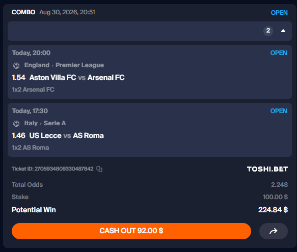 A TOSHI.BET sports betting slip showing a COMBO bet on Aston Villa FC vs Arsenal FC (1.54) and US Lecce vs AS Roma (1.46) with total odds of 2.248, a $100 stake, and potential win of $224.84.