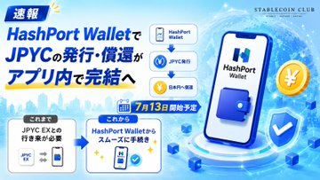 The Japanese-language promotional image announces that starting July 13, HashPort Wallet will enable JPYC issuance and redemption directly within the app, eliminating the need for separate JPYC EX transfers. It features a smartphone displaying the HashPort Wallet interface alongside icons representing JPYC and JPYC EX workflows.
