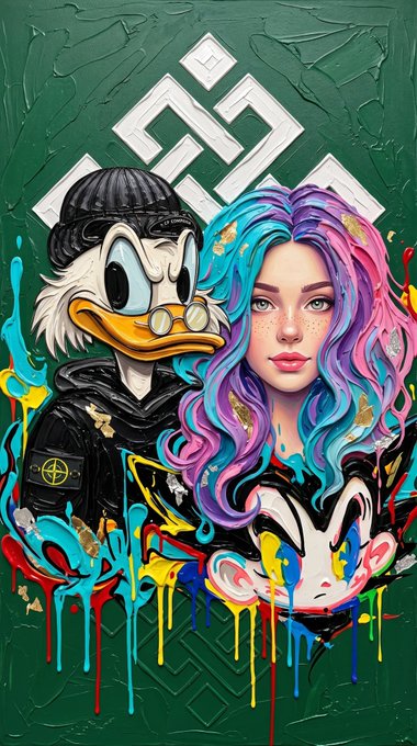 A vibrant street-art style painting features Scrooge McDuck alongside a woman with flowing rainbow-colored hair, set against a green background with a geometric pattern.