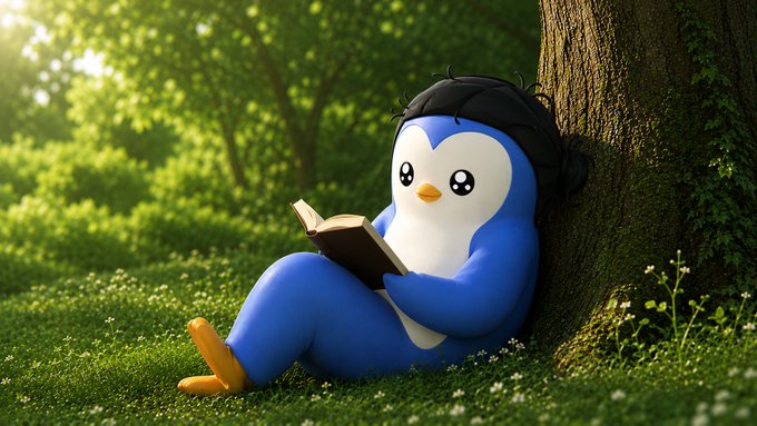 A cartoon penguin with black hair lounges against a tree in a sunny grassy area, absorbed in reading a book. The image's relaxed, unhurried vibe mirrors the post's weary sentiment of being stuck in the trading trenches, watching memecoins pump while staying disciplined and refusing to chase.
