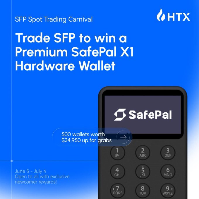 The image features a trade calculator for SFP, possibly a hardware wallet, placed against a blue background. Below the calculator, there's text promoting an upcoming event or campaign related to cryptocurrency. The event description includes details about a competition where users can potentially win $SFP and exclusive rewards if they succeed in trading the cryptocurrency. The image conveys the message that people have been given chances at joining this event and winning with their crypto currency skills.