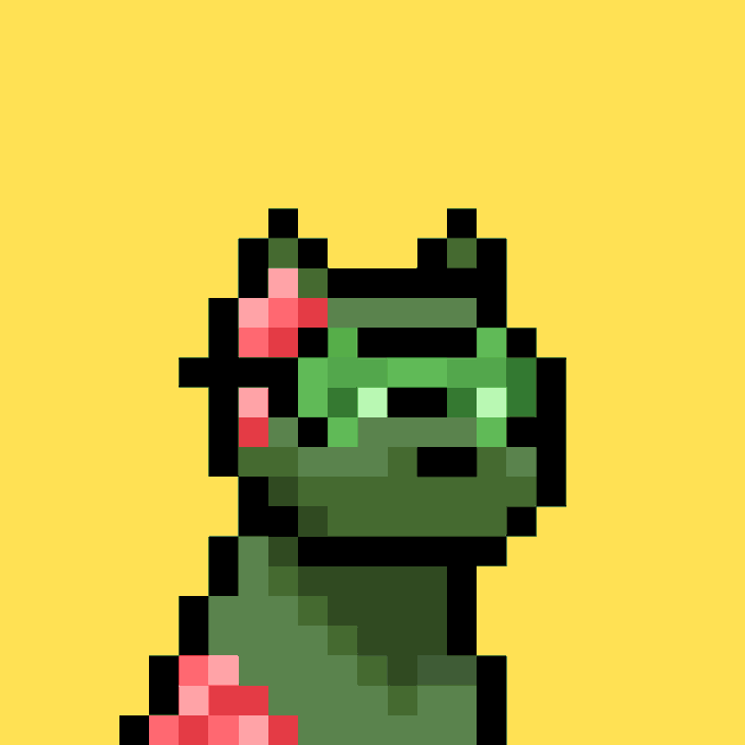 A pixel art illustration of a green frog-like character on a solid yellow background.
