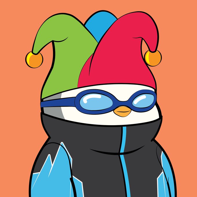 Cartoon penguin character wearing a colorful red, green, and blue jester hat with blue goggles and a blue and black outfit against an orange background.
